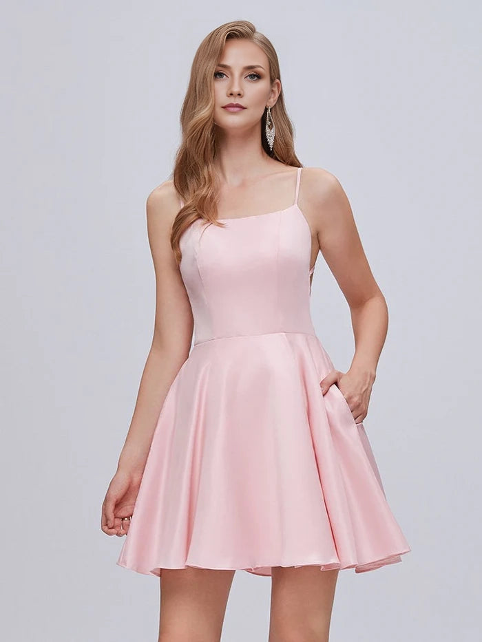 OKBBN charming slim shoulder strap A-line backless short style with back strap Homecoming Dresses