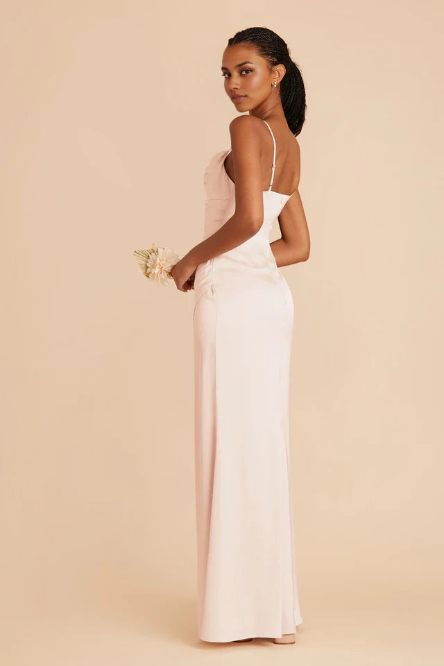 OKBBN charming thin shoulder strap matte satin scarf fully lined with overlapping slits Prom Dresses