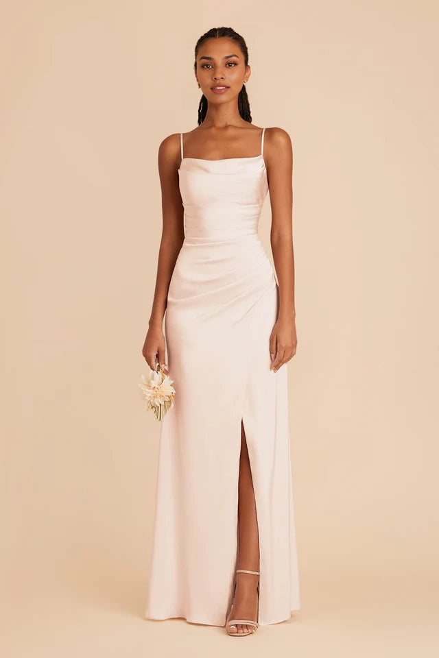 OKBBN charming thin shoulder strap matte satin scarf fully lined with overlapping slits Prom Dresses