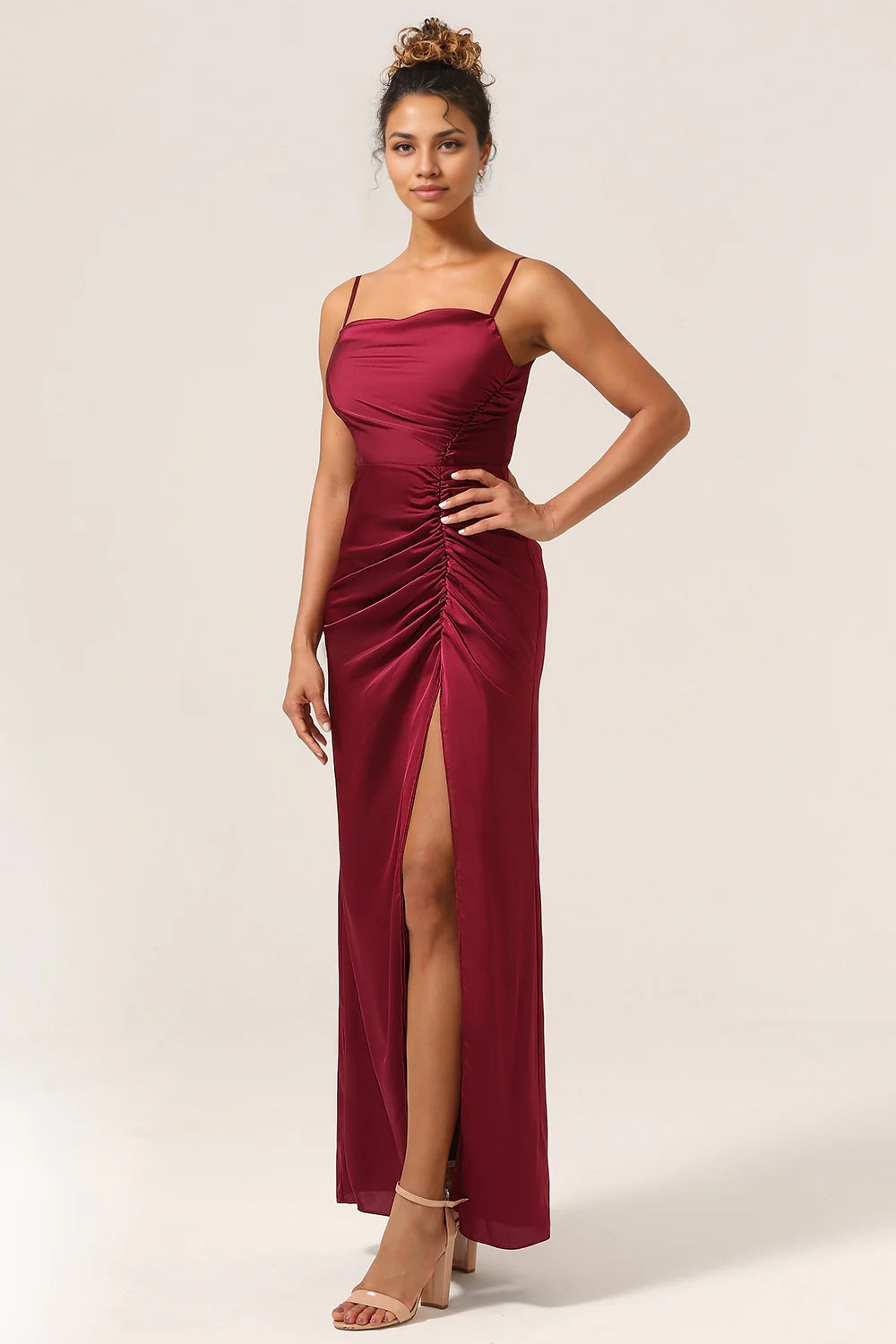 OKBBN charming tight slim shoulder strap long front slit Bridesmaid Dresses