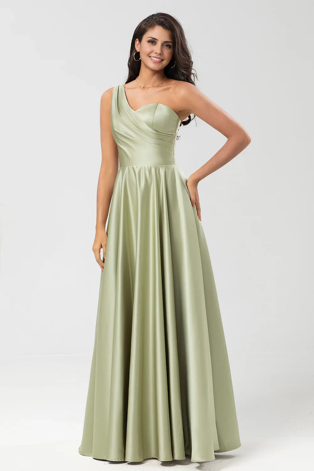 OKBBN elegant A-line single shoulder pleated satin Bridesmaid Dresses