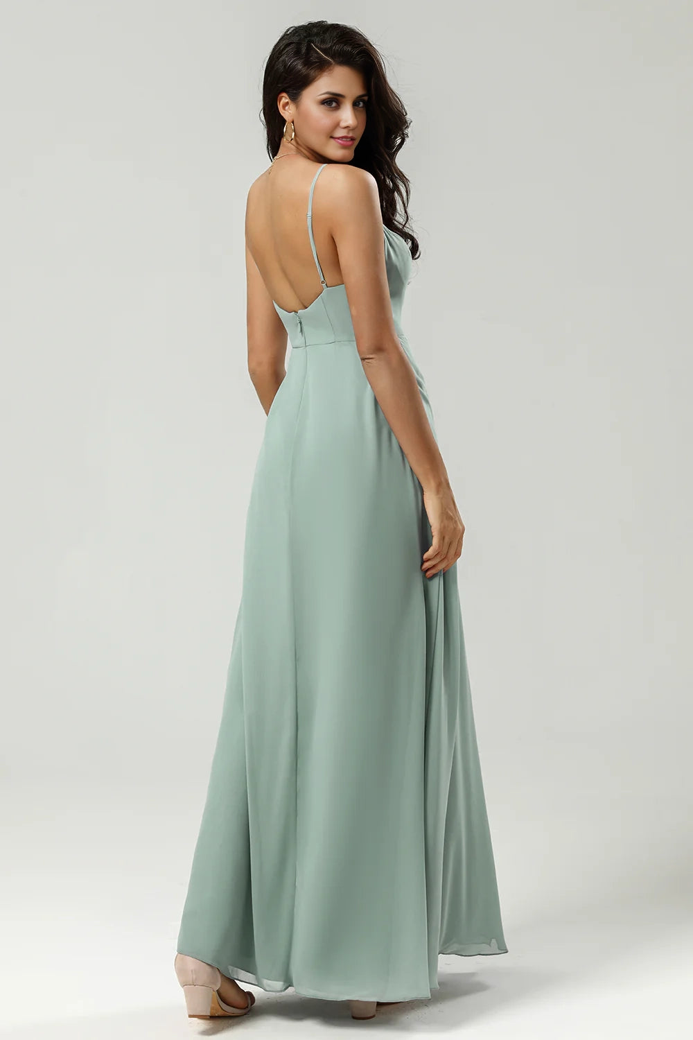 OKBBN elegant A-line thin shoulder strap V-neck and floor chiffon slit Bridesmaid Dresses