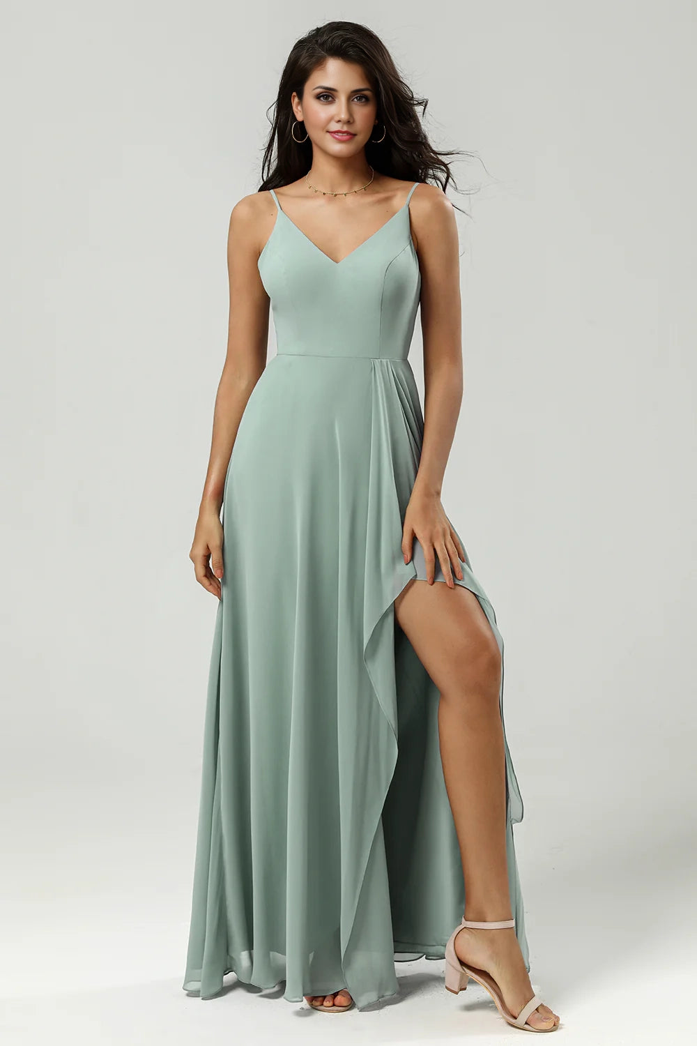OKBBN elegant A-line thin shoulder strap V-neck and floor chiffon slit Bridesmaid Dresses