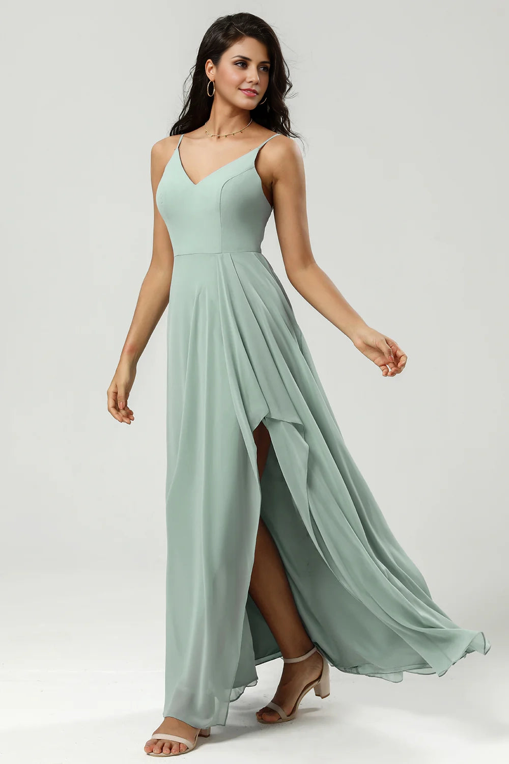OKBBN elegant A-line thin shoulder strap V-neck and floor chiffon slit Bridesmaid Dresses