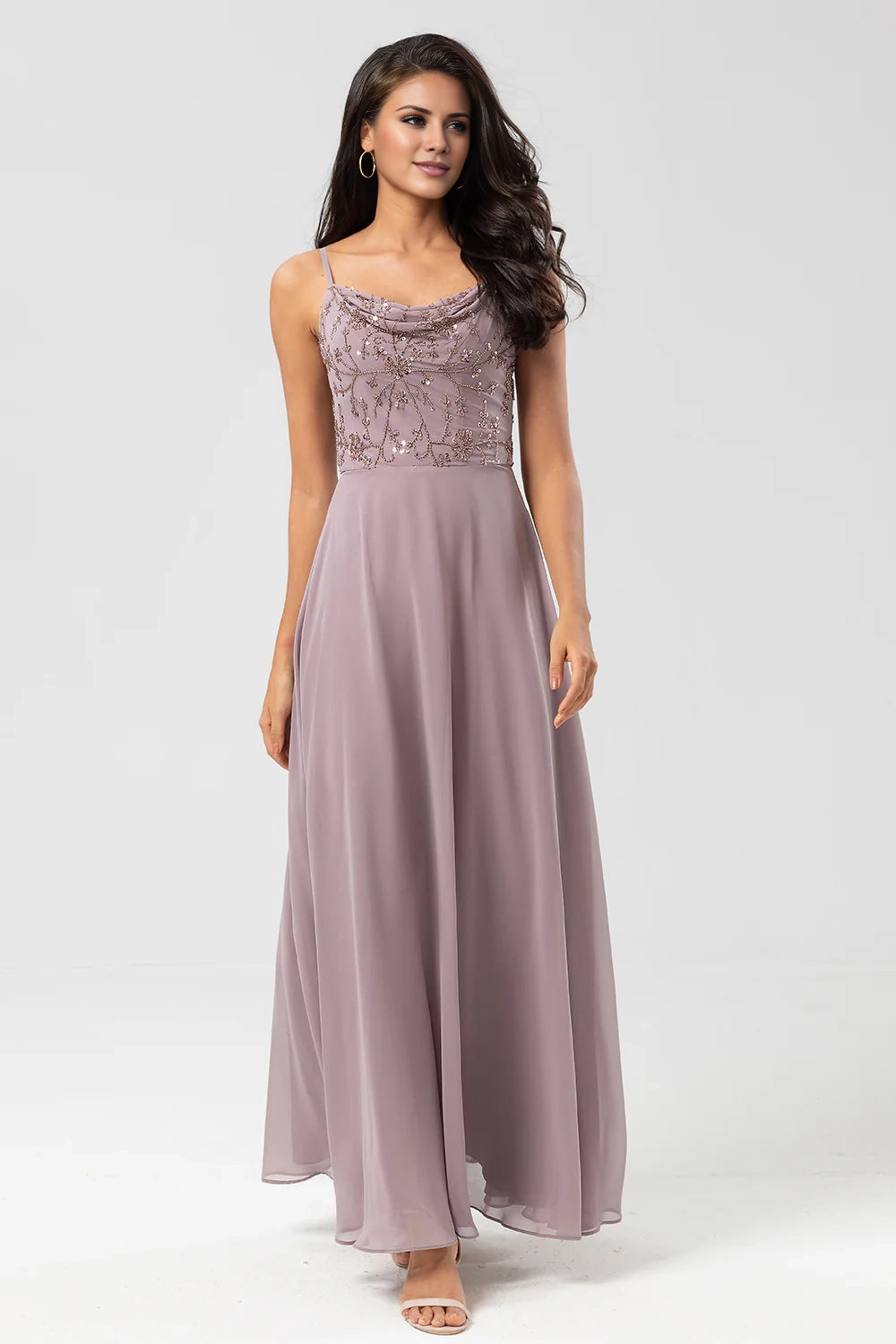 OKBBN elegant A-line thin shoulder strap chiffon bead decoration Bridesmaid Dresses