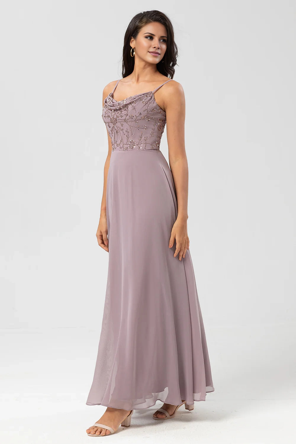 OKBBN elegant A-line thin shoulder strap chiffon bead decoration Bridesmaid Dresses