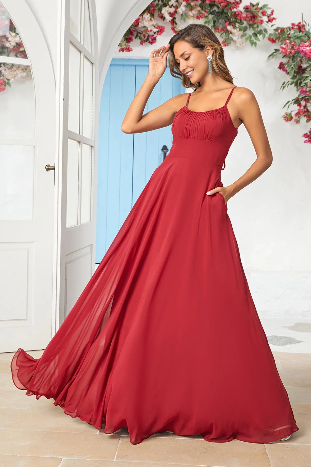 OKBBN elegant A-line thin shoulder strap chiffon long Bridesmaid Dresses