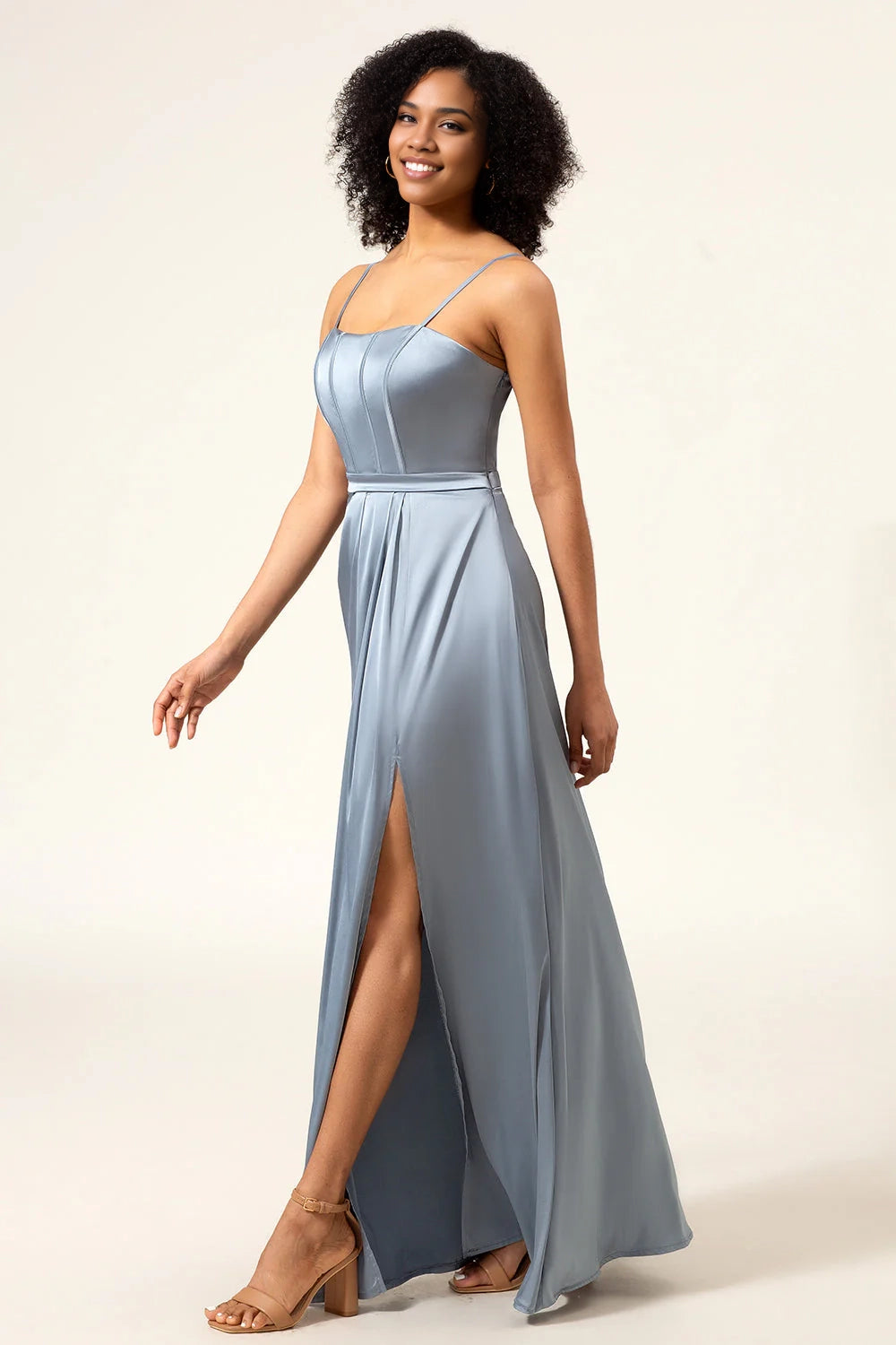 OKBBN elegant A-line thin shoulder strap satin long Bridesmaid Dresses