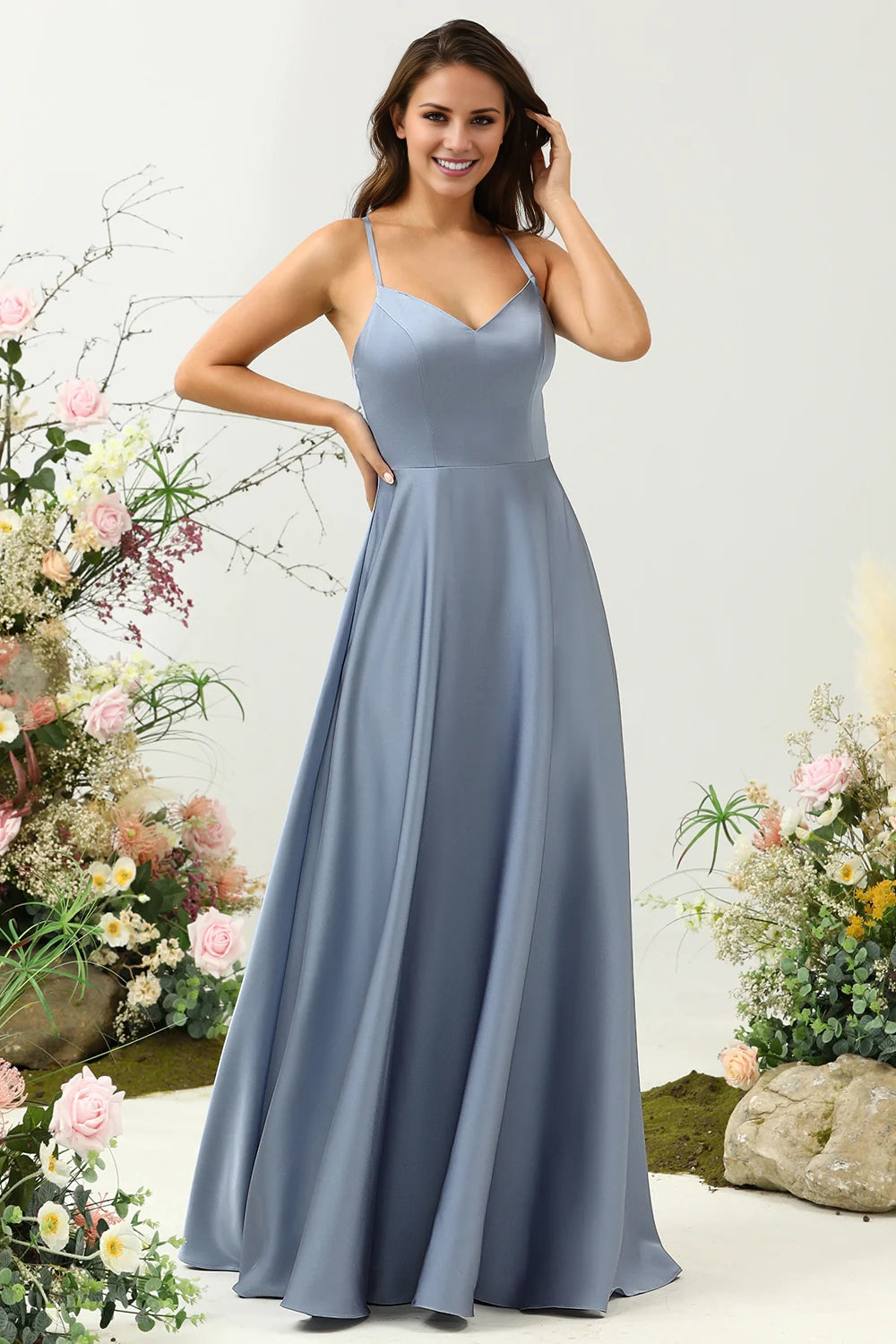 OKBBN elegant A-line thin shoulder strap with shiny satin ruffle edges Bridesmaid Dresses