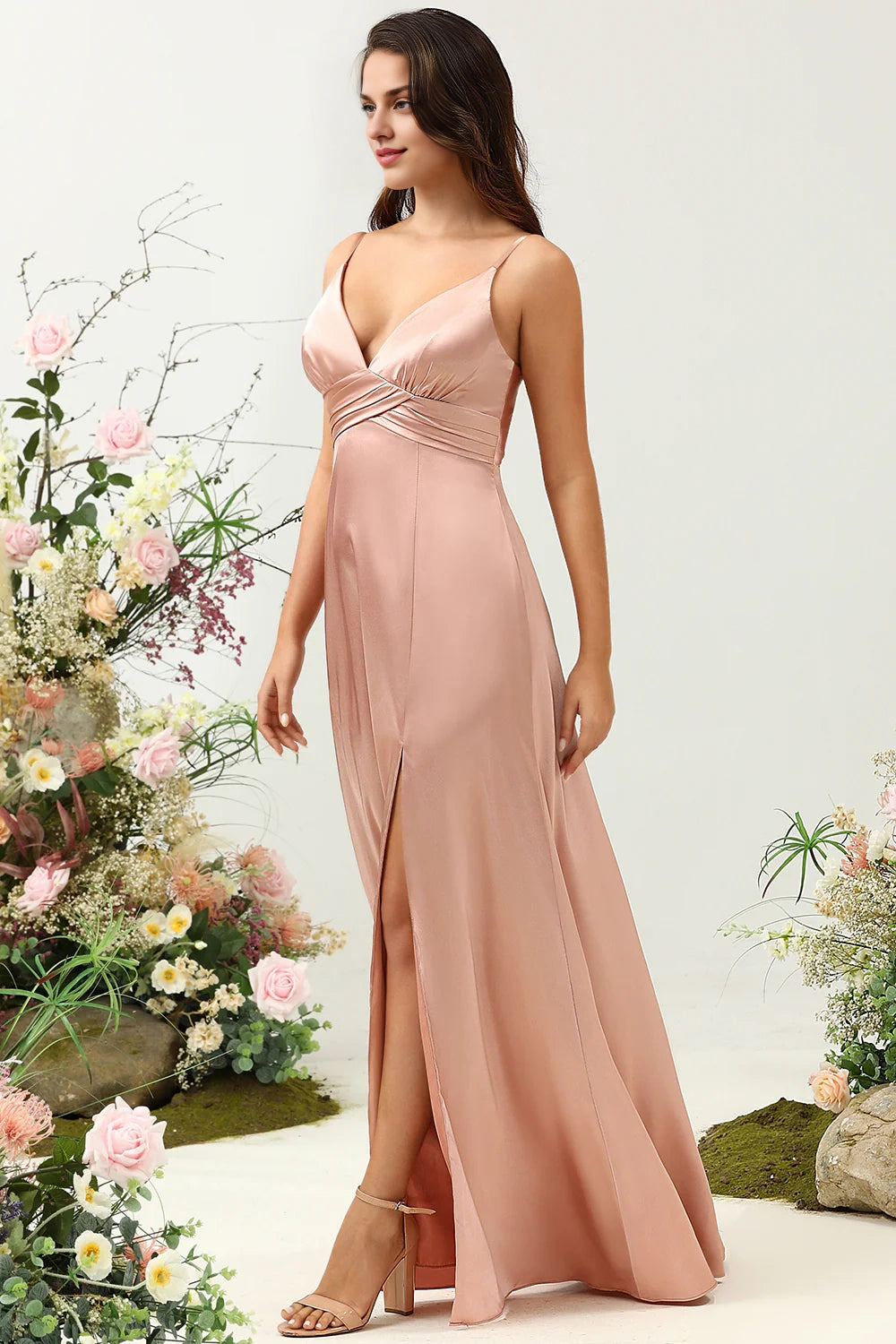 OKBBN elegant and charming A-line thin shoulder strap with shiny satin slit Bridesmaid Dresses