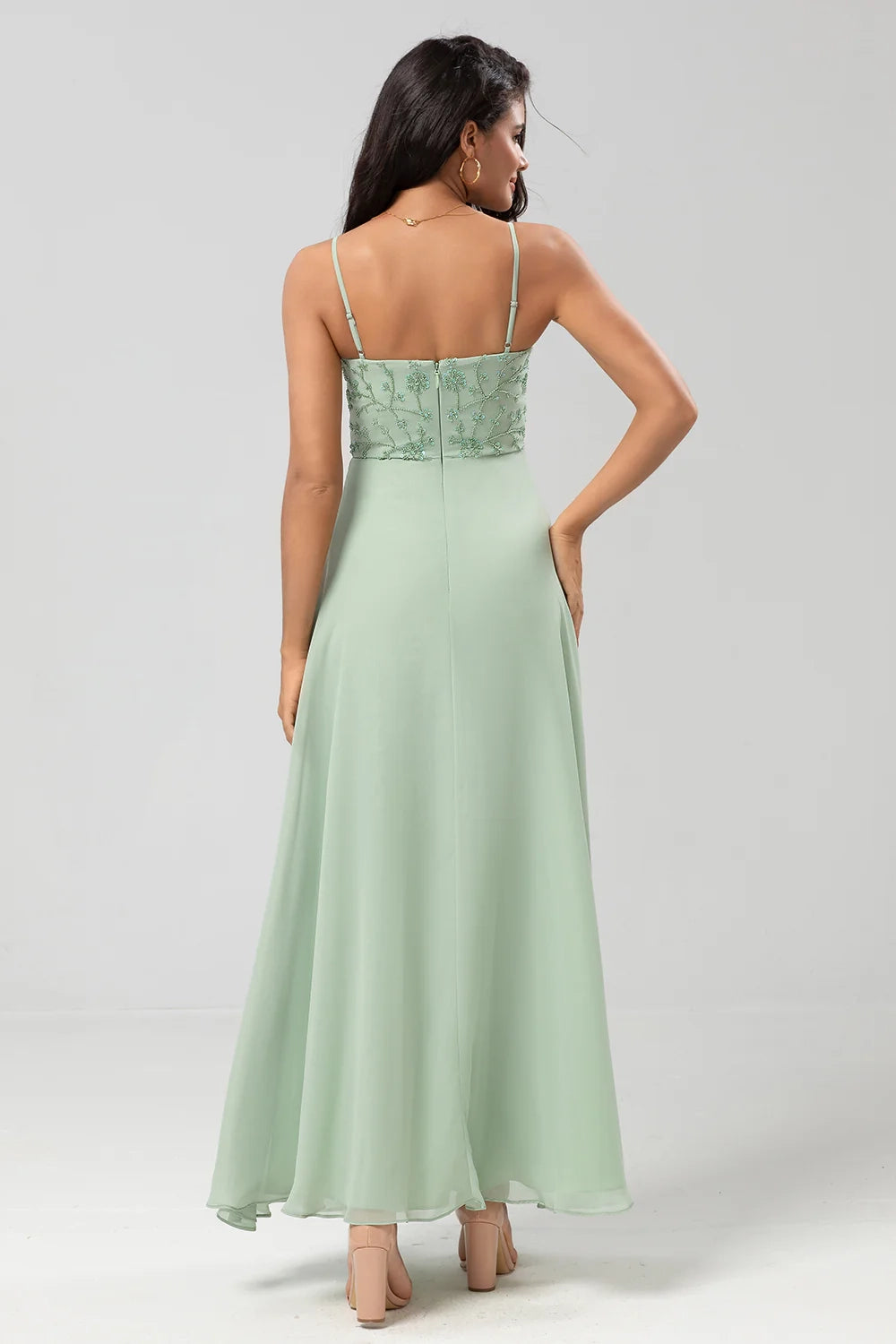 OKBBN elegant and charming decal A-line thin shoulder strap embroidered chiffon Bridesmaid Dresses