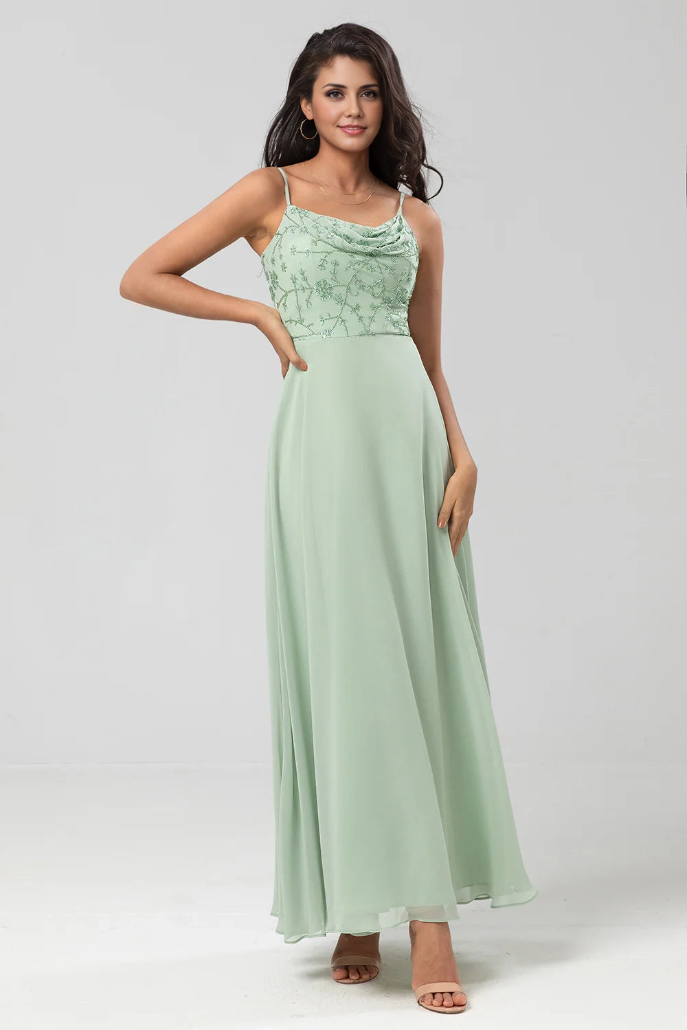 OKBBN elegant and charming decal A-line thin shoulder strap embroidered chiffon Bridesmaid Dresses