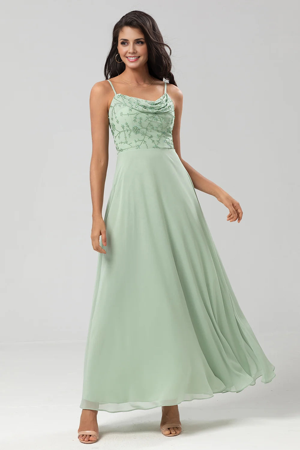 OKBBN elegant and charming decal A-line thin shoulder strap embroidered chiffon Bridesmaid Dresses