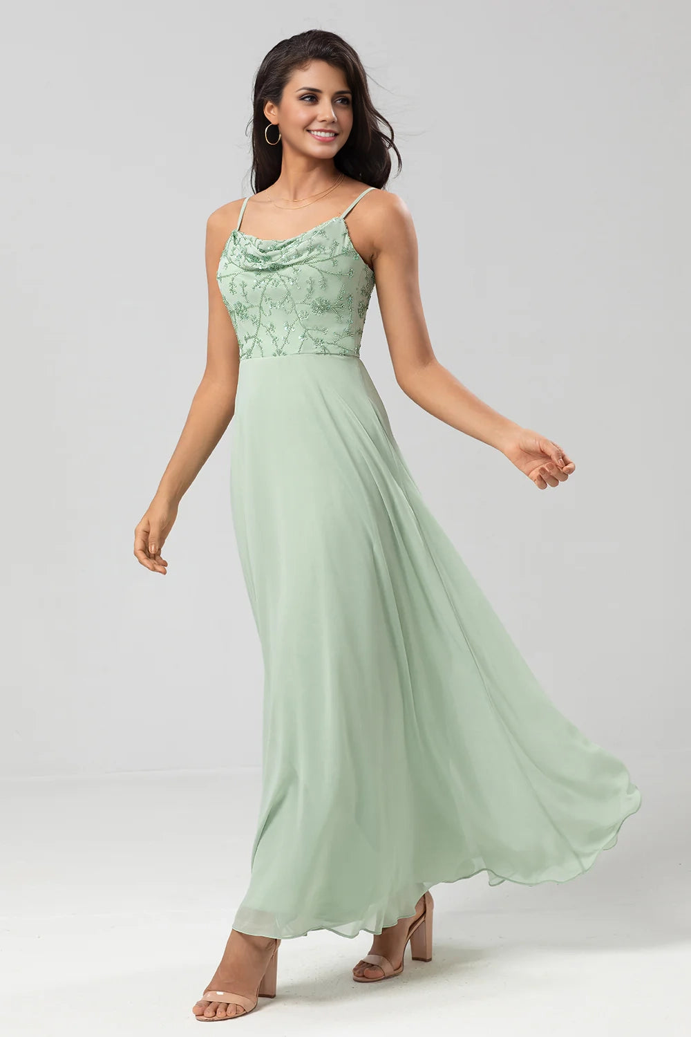 OKBBN elegant and charming decal A-line thin shoulder strap embroidered chiffon Bridesmaid Dresses