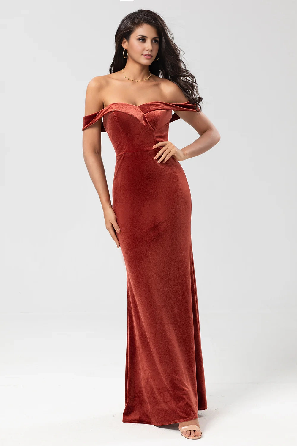 OKBBN elegant and charming mermaid off shoulder velvet Bridesmaid Dresses