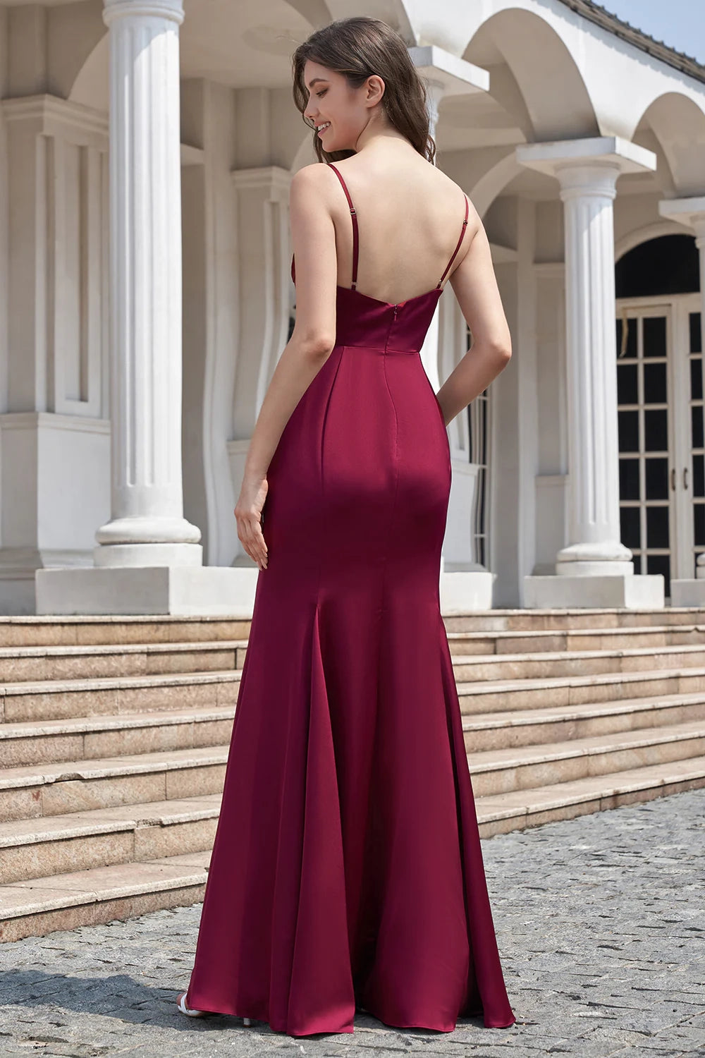 OKBBN elegant and charming mermaid slim shoulder strap sleeveless slit Bridesmaid Dresses