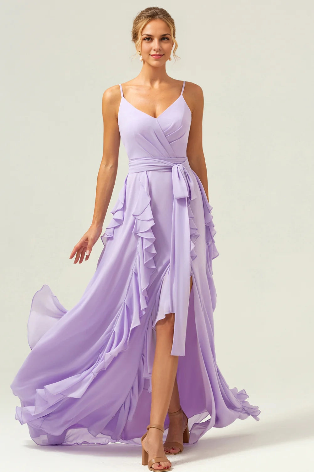 OKBBN elegant and fashionable A-line thin shoulder strap chiffon long ruffle edge slit Bridesmaid Dresses