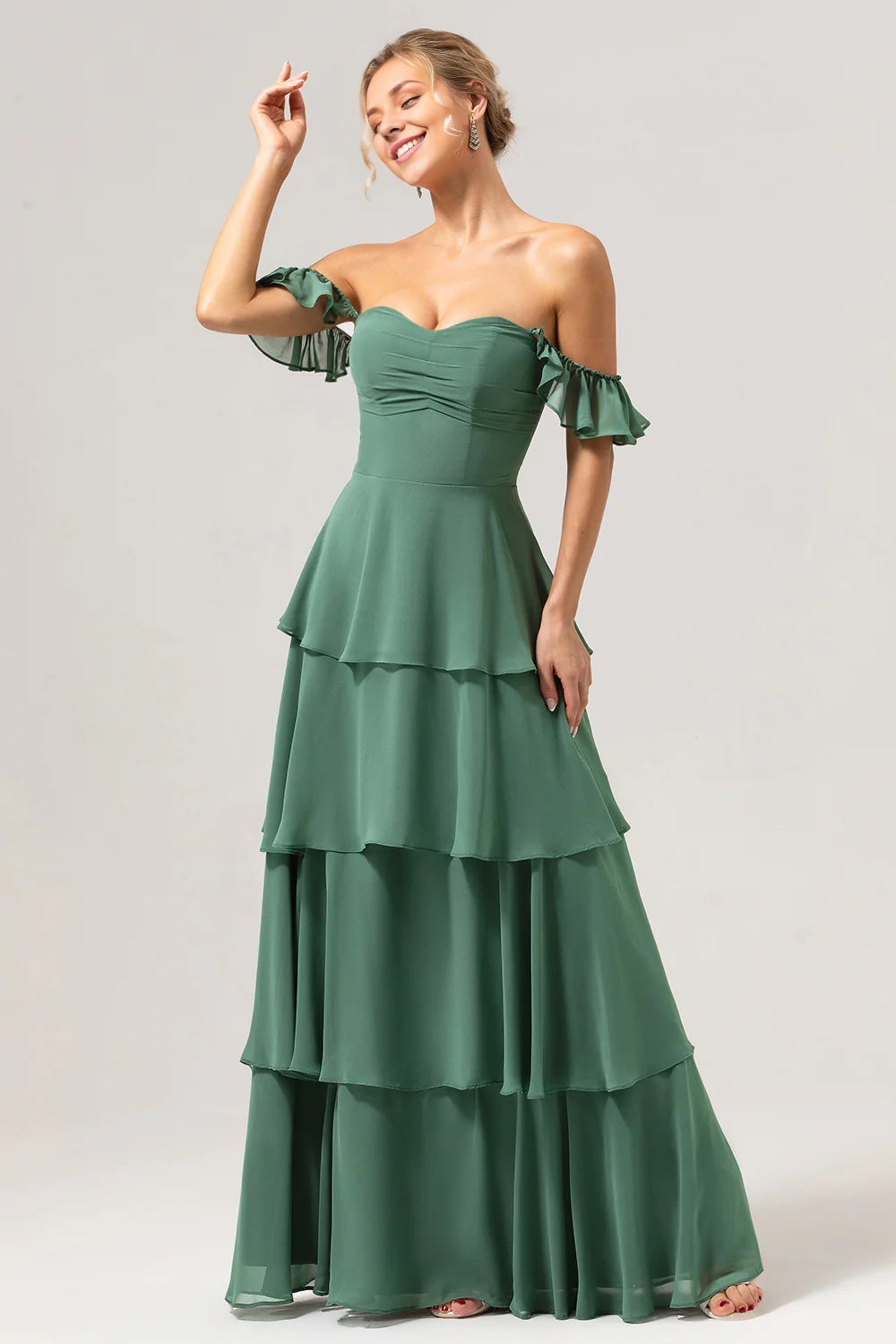 OKBBN elegant and flowing A-line off shoulder layered long Bridesmaid Dresses