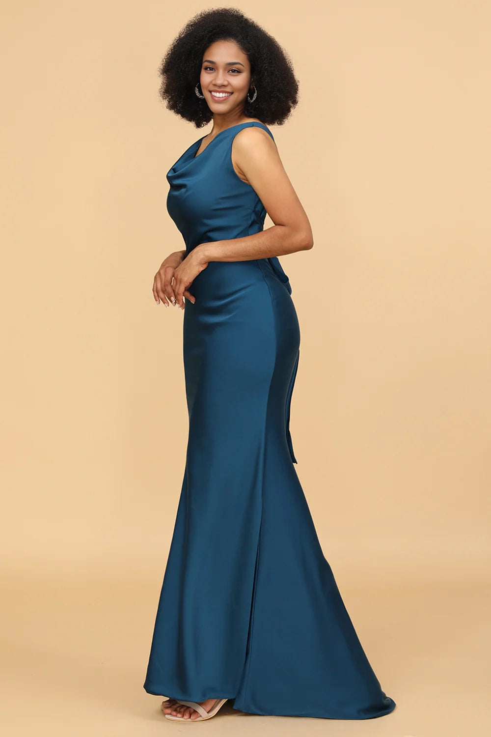 OKBBN elegant mermaid scarf collar long satin Bridesmaid Dresses