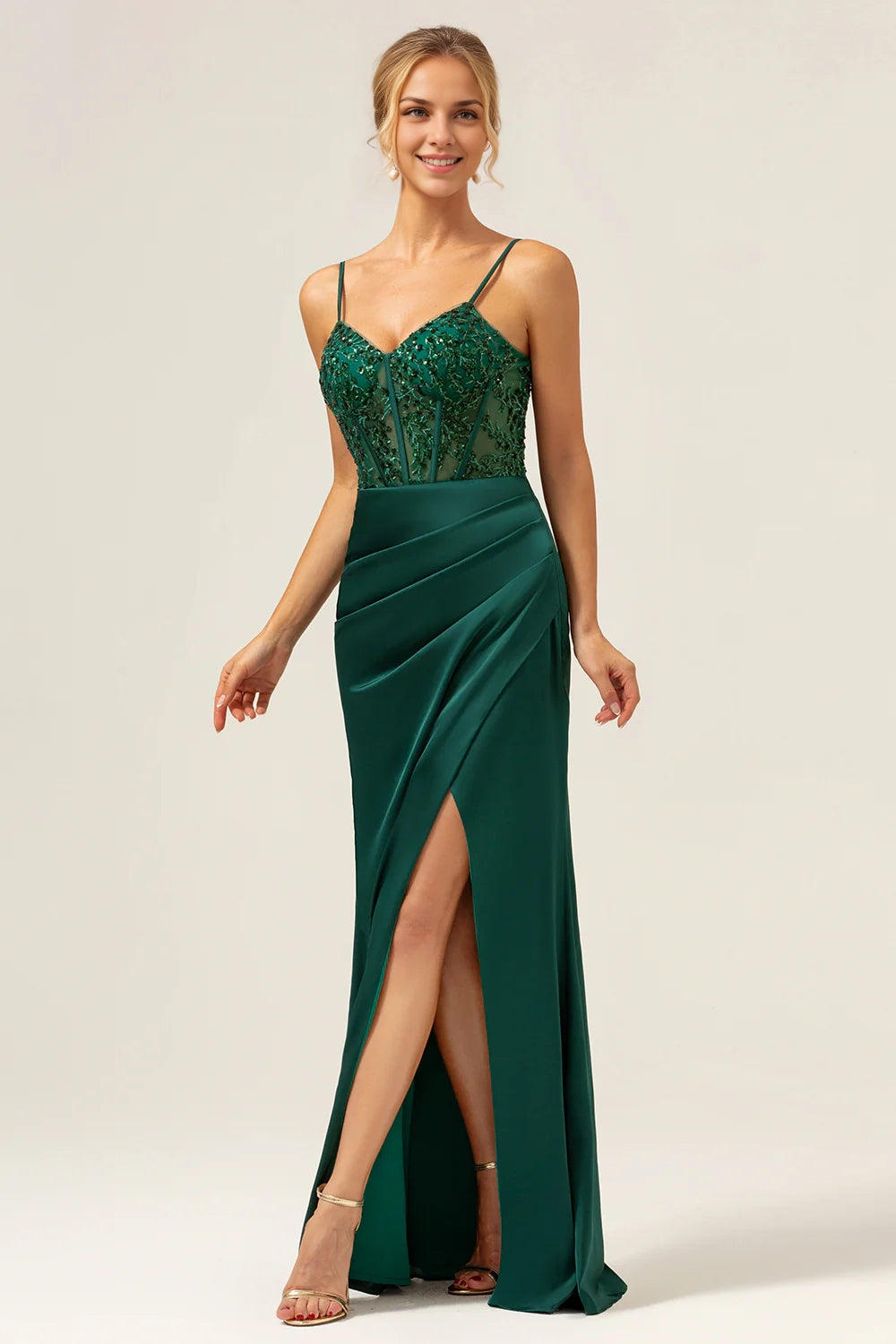 OKBBN elegant mermaid slim shoulder strap satin long slim fit slit Bridesmaid Dresses