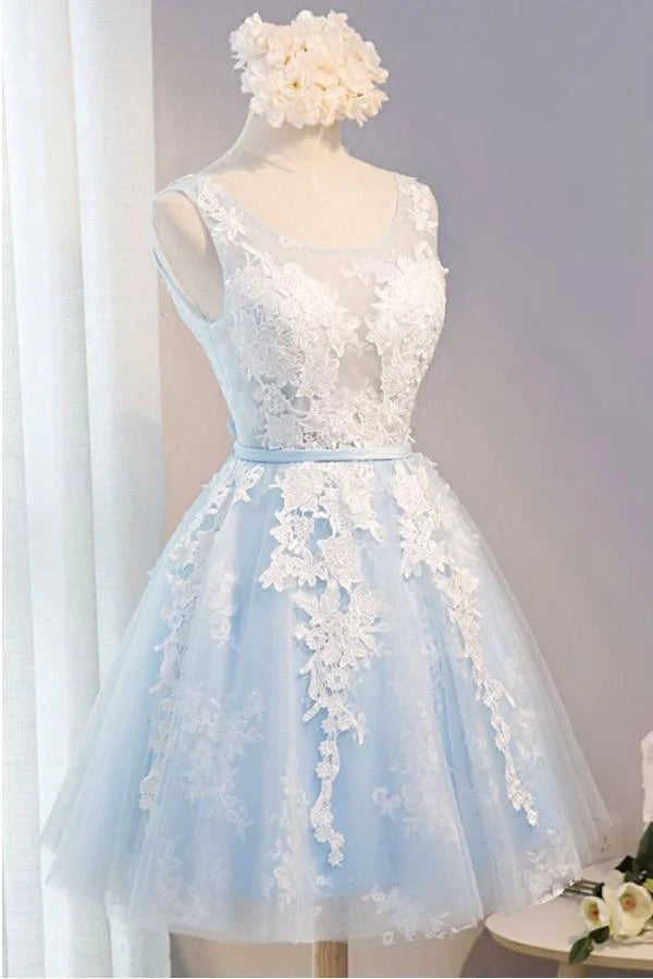 OKBBN elegant round neck short chiffon lace decal Homecoming Dresses