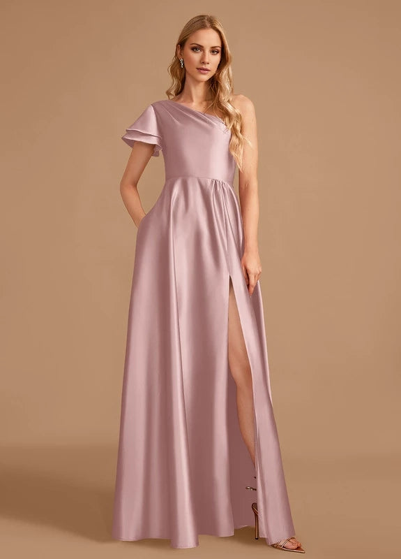 OKBBN elegant satin pleated slit off shoulder Prom Dresses