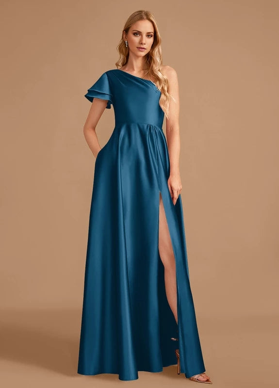 OKBBN elegant satin pleated slit off shoulder Prom Dresses