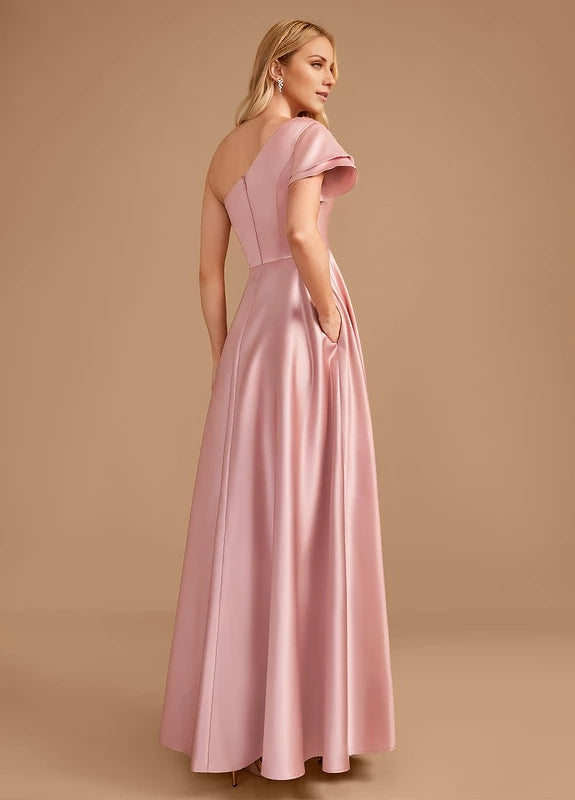 OKBBN elegant satin pleated slit off shoulder Prom Dresses