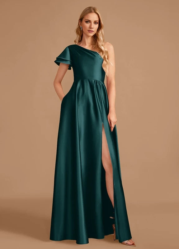 OKBBN elegant satin pleated slit off shoulder Prom Dresses