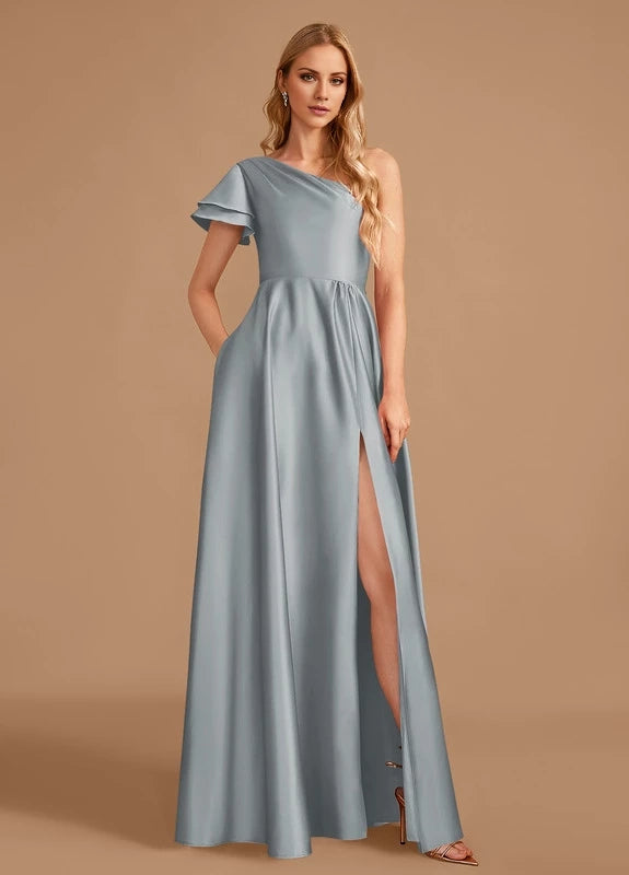 OKBBN elegant satin pleated slit off shoulder Prom Dresses