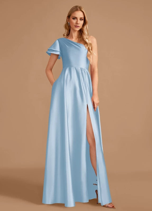 OKBBN elegant satin pleated slit off shoulder Prom Dresses