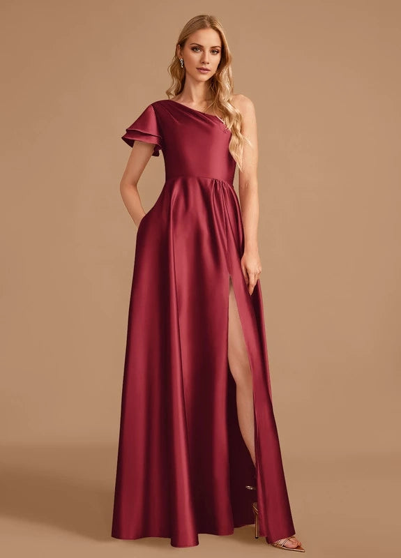 OKBBN elegant satin pleated slit off shoulder Prom Dresses
