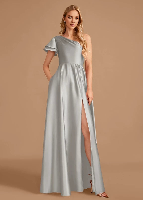 OKBBN elegant satin pleated slit off shoulder Prom Dresses