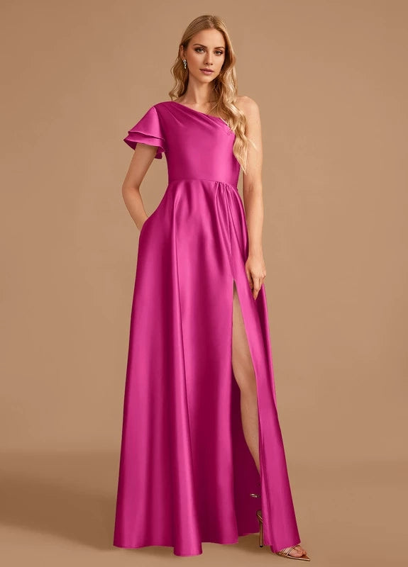 OKBBN elegant satin pleated slit off shoulder Prom Dresses
