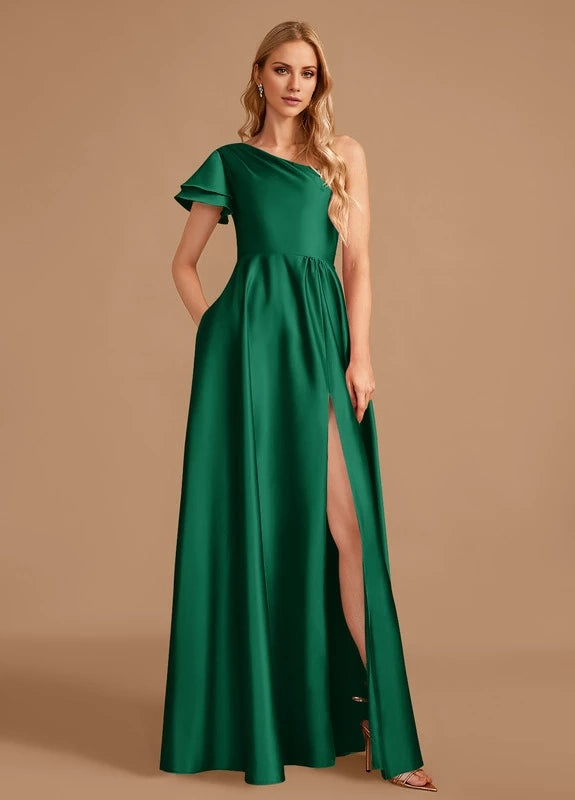 OKBBN elegant satin pleated slit off shoulder Prom Dresses