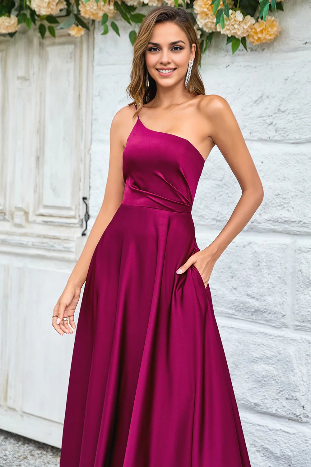 OKBBN elegant slim shoulder strap A-line single shoulder and floor satin Bridesmaid Dresses