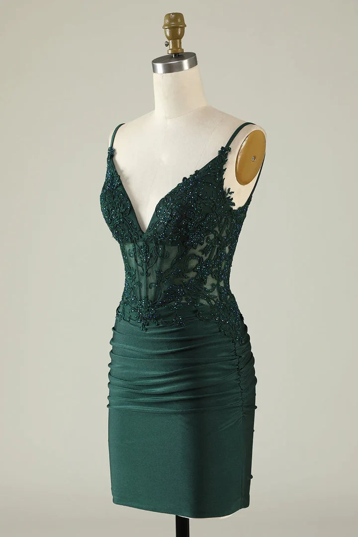 OKBBN elegant slim shoulder straps sleeveless tight V-neck pleated Homecoming Dresses