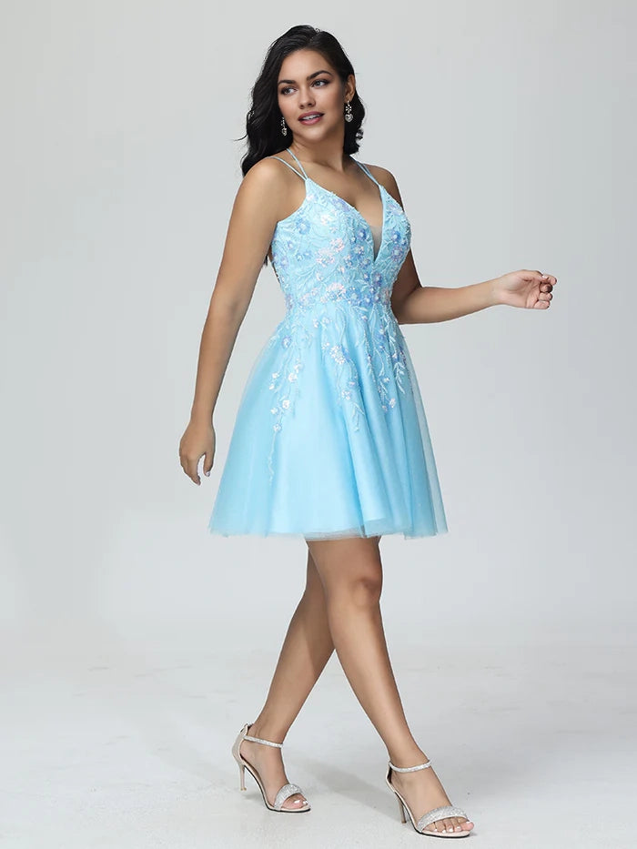 OKBBN elegant thin shoulder strap lace applique chiffon knee length Homecoming Dresses