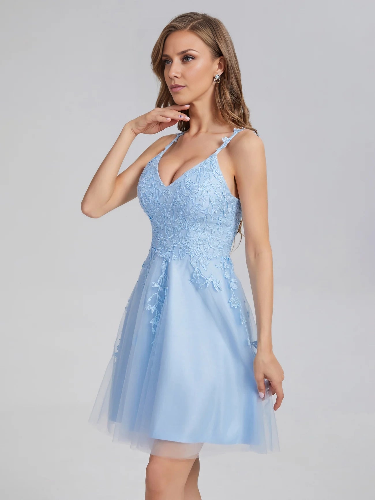 OKBBN elegant thin shoulder straps lace decal sheer sleeveless knee length Homecoming Dresses