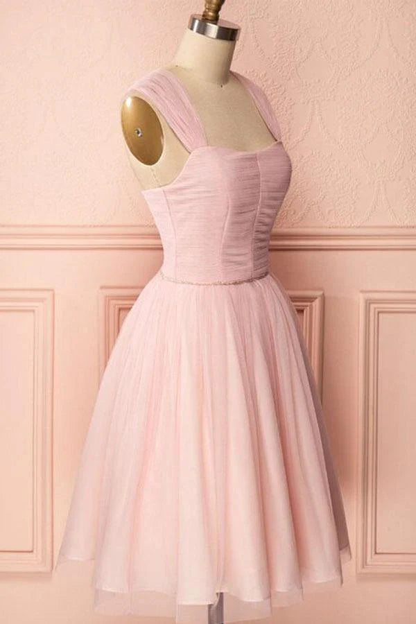 OKBBN exquisite A-line chiffon shoulder straps with pleated beads Homecoming Dresses
