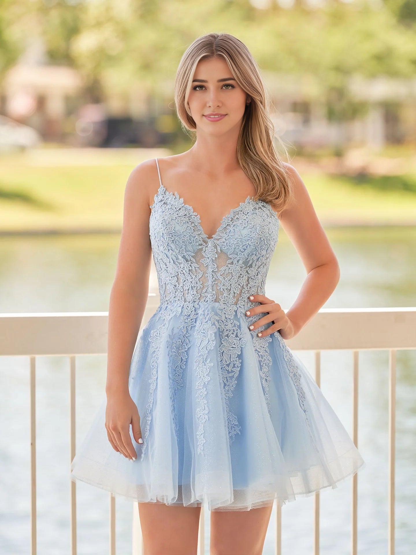 OKBBN exquisite A-line thin shoulder strap lace decal Homecoming Dresses