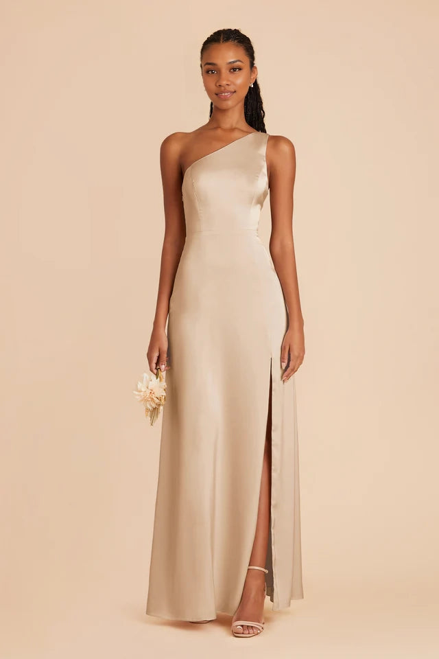 OKBBN fashionable and sexy one shoulder collar matte satin full lining slit and floor Prom Dresses