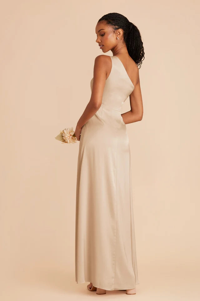 OKBBN fashionable and sexy one shoulder collar matte satin full lining slit and floor Prom Dresses