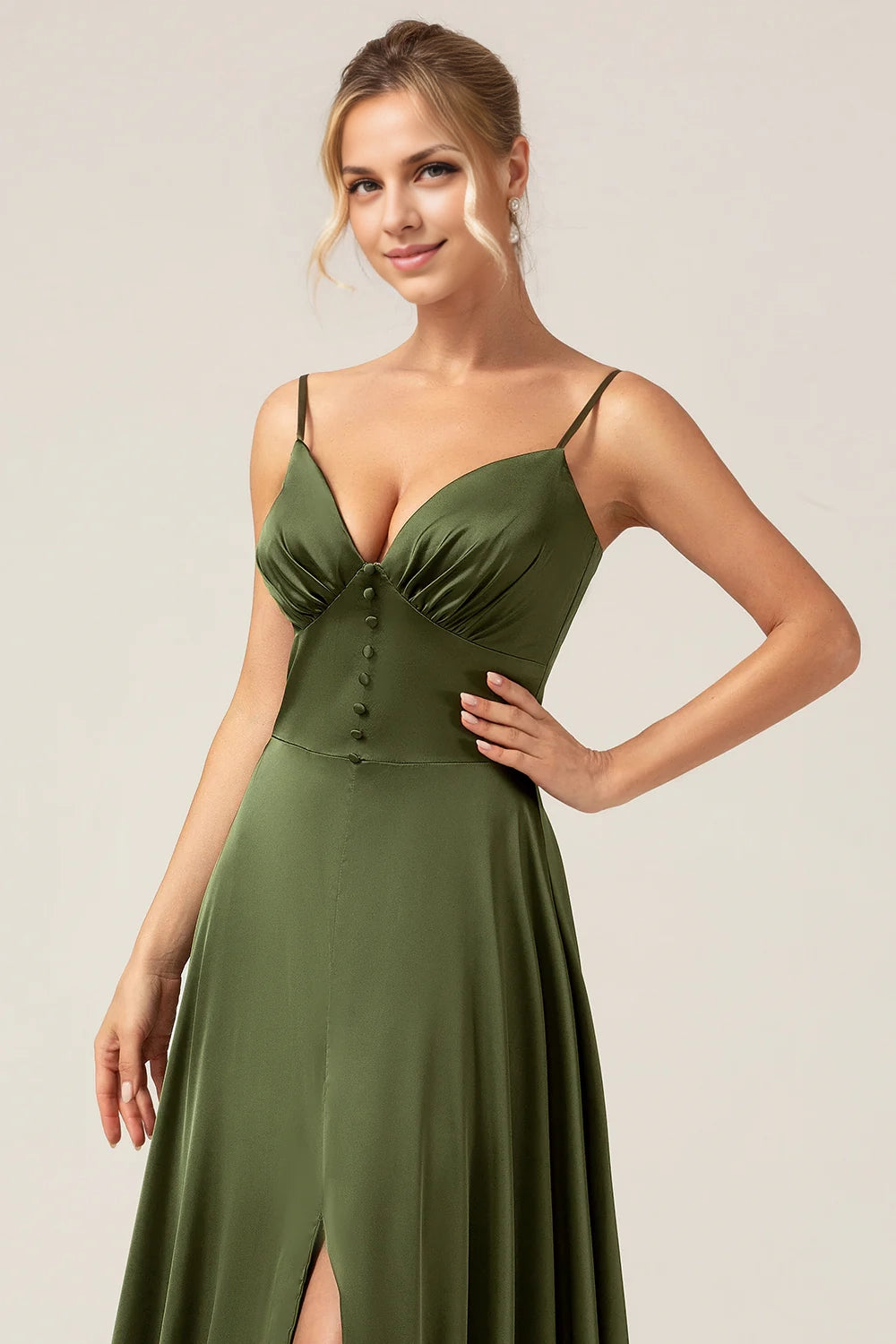 OKBBN flowing A-line thin shoulder strap with slit long Bridesmaid Dresses