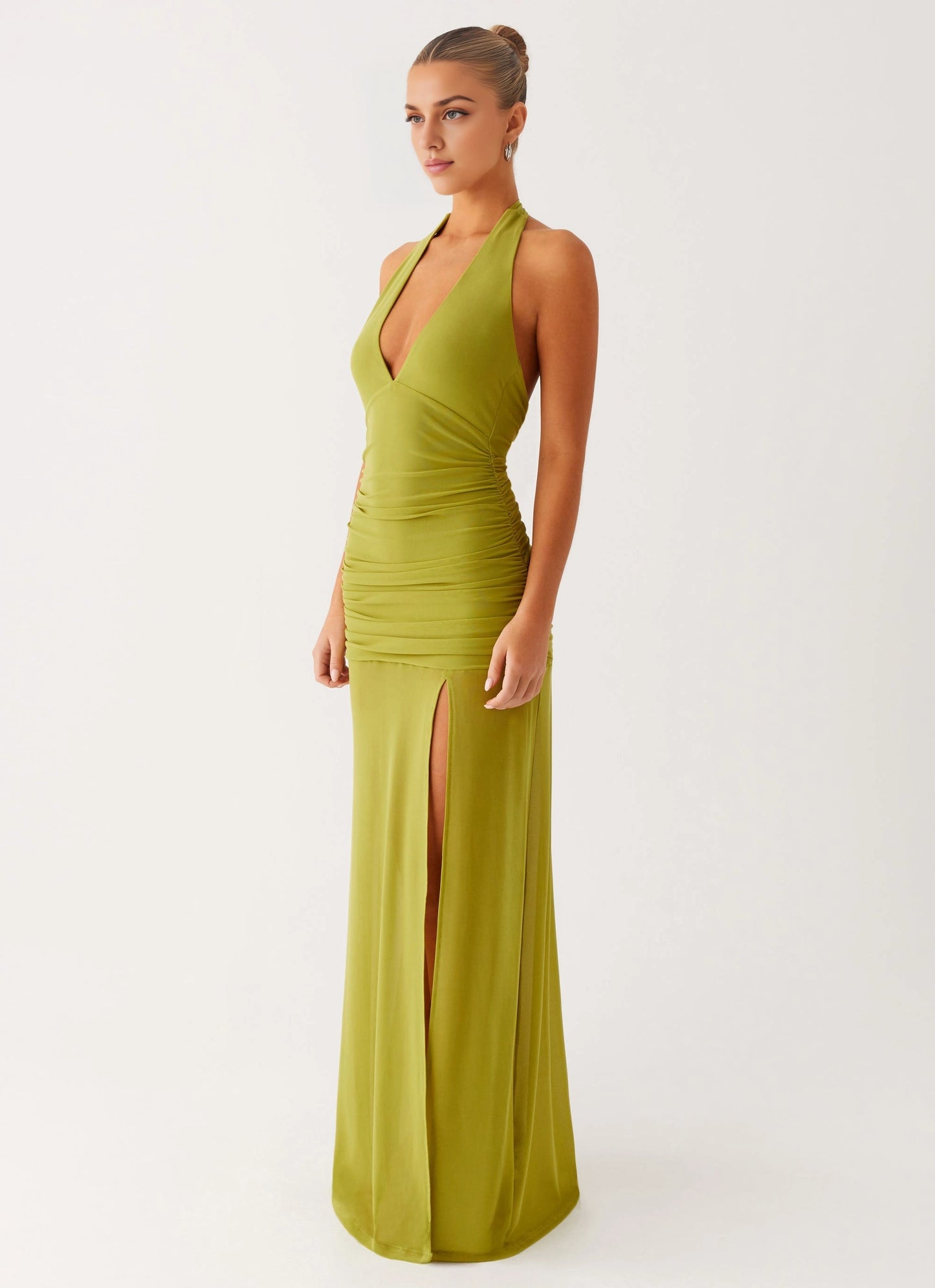 OKBBN flowing V-neck pleated breathable elastic mesh front slit Homecoming Dresses