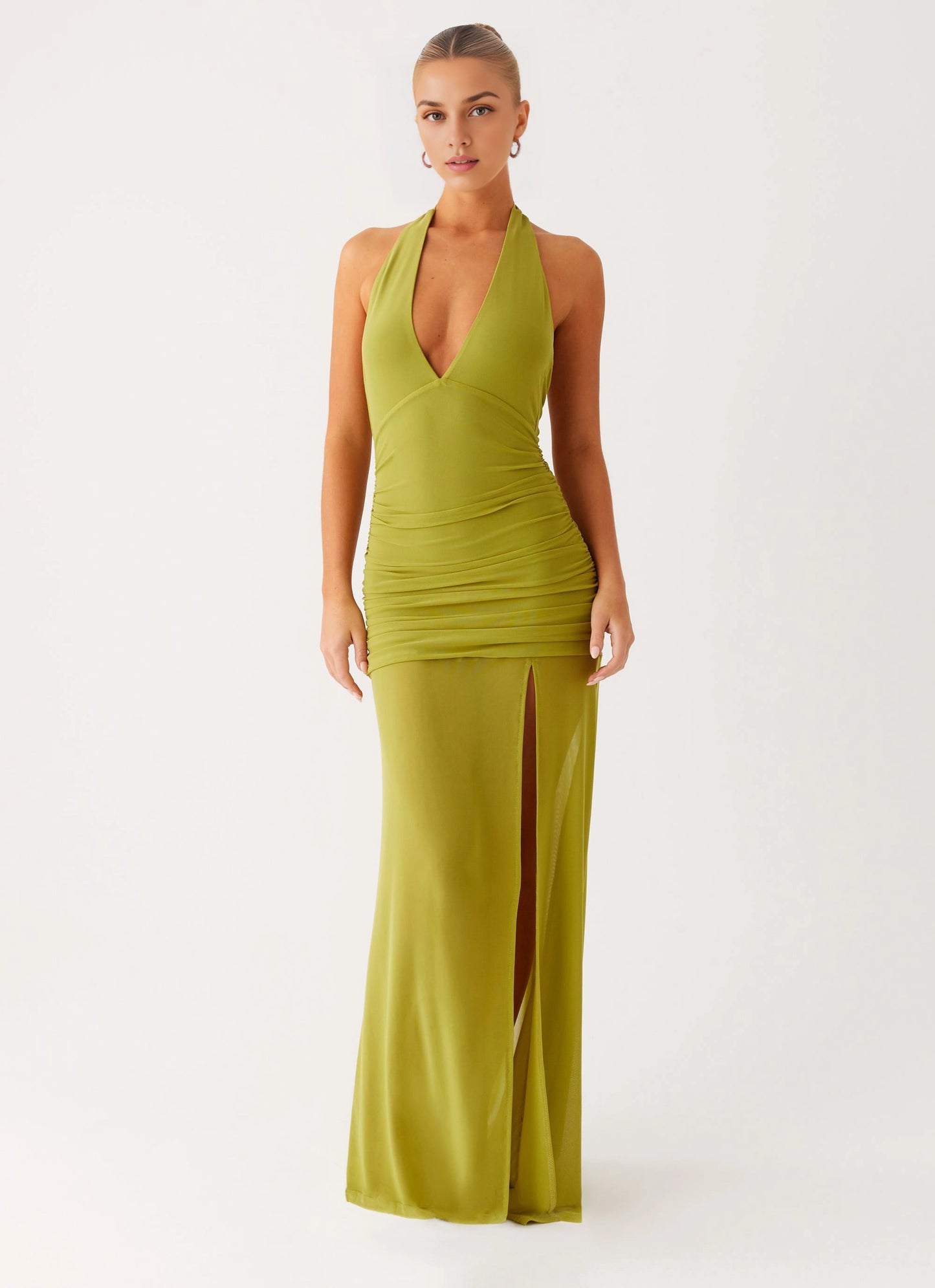 OKBBN flowing V-neck pleated breathable elastic mesh front slit Homecoming Dresses
