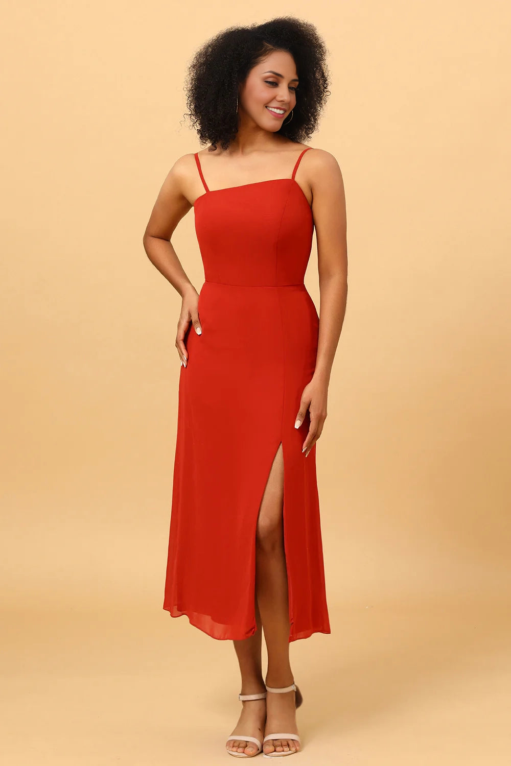 OKBBN flowing thin shoulder straps, mid length chiffon slit, Bridesmaid Dresses