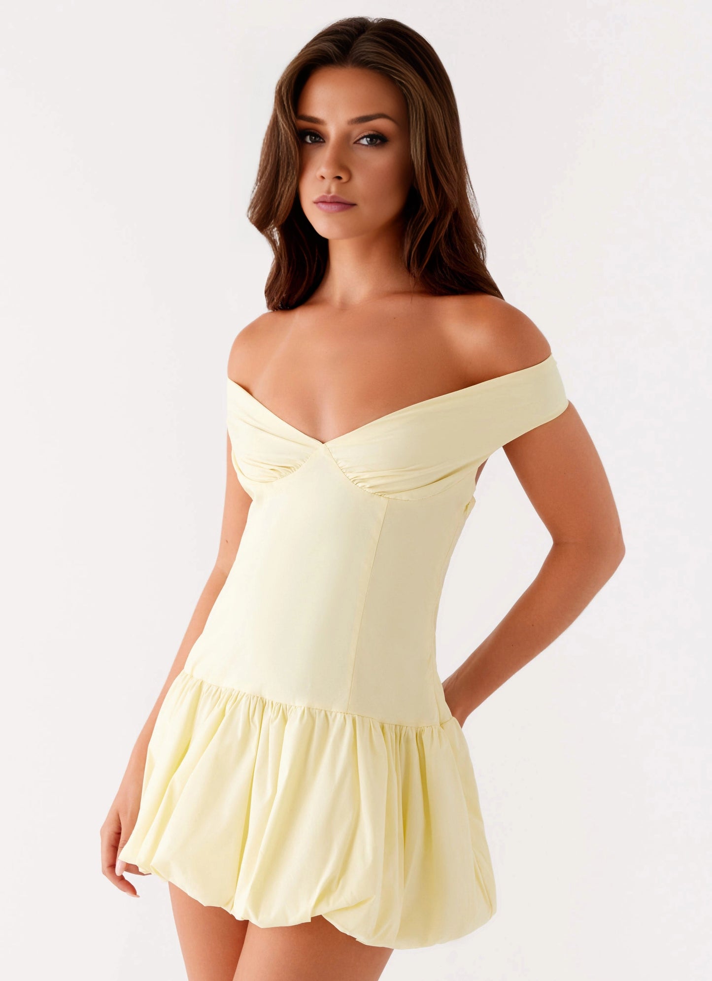 OKBBN romantic and playful off shoulder mini pleated V-neck Prom Dresses
