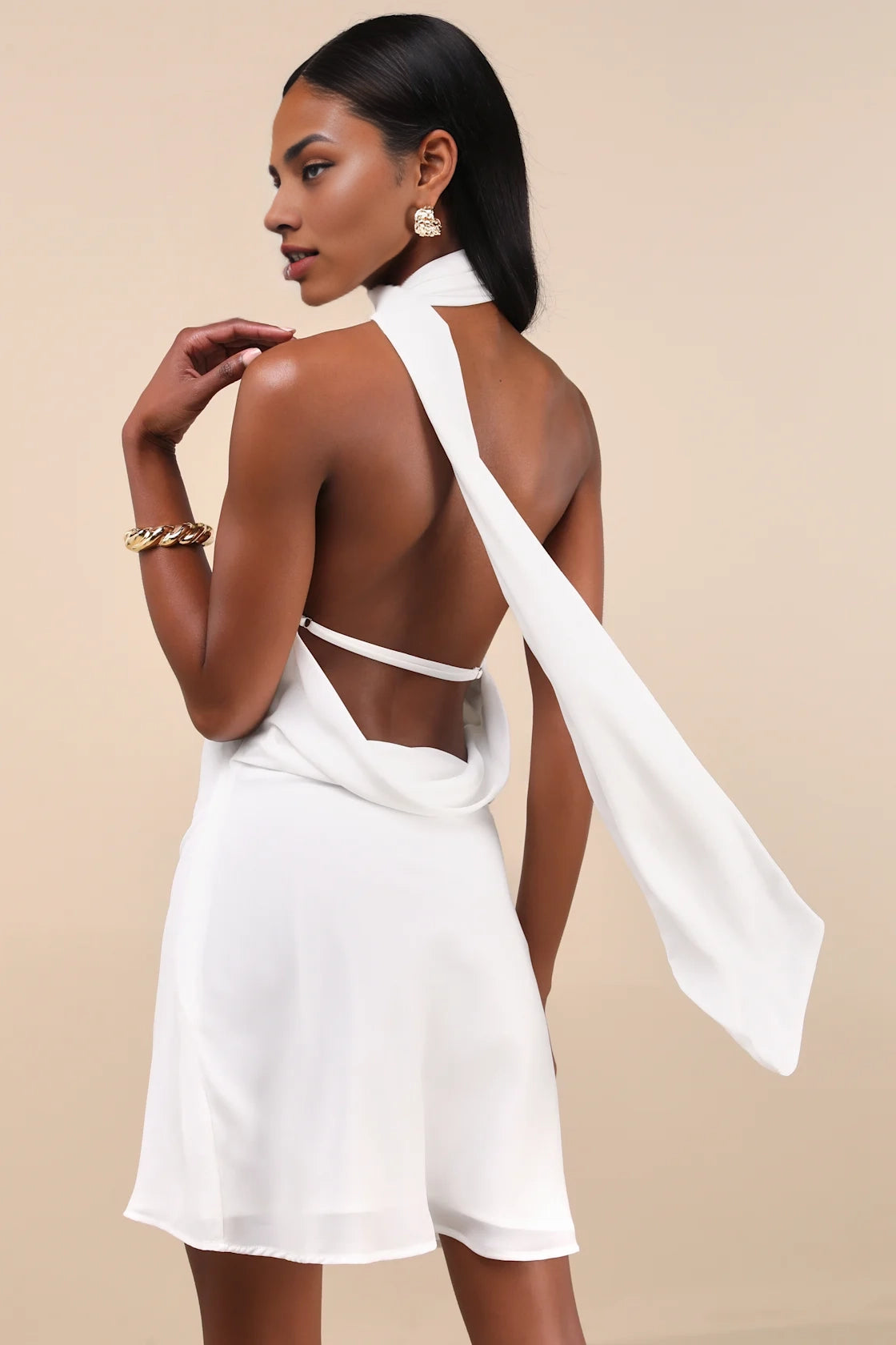 OKBBN single shoulder backless lace up mini woven chiffon drape pleated A-line slim shoulder strap Homecoming Dresses