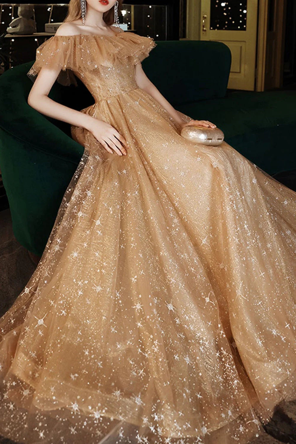 Noble and sexy off the shoulder A-line exquisite sheer sequin dance dress